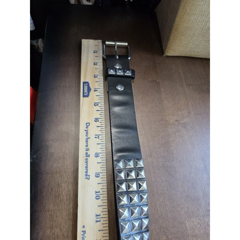 Y2K 3-Row Silver Pyramid Studded Black Faux Leather Belt Punk Emo Size L
